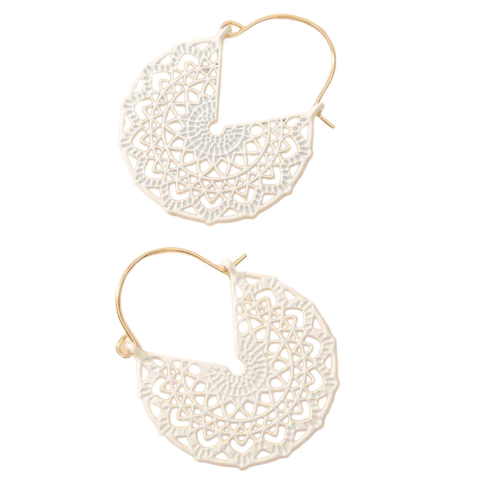 White Hoop Earrings Floral White Basket Hoops Cut out Dangle Earrings Scroll NWT - Picture 11 of 13